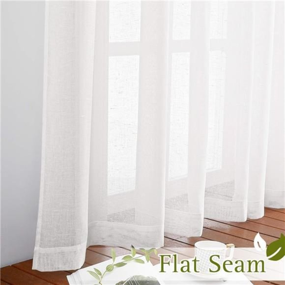 White Sheer Linen Curtains for Living Room 84 inch Length 2 Panels Set, Grommet - Picture 6 of 7